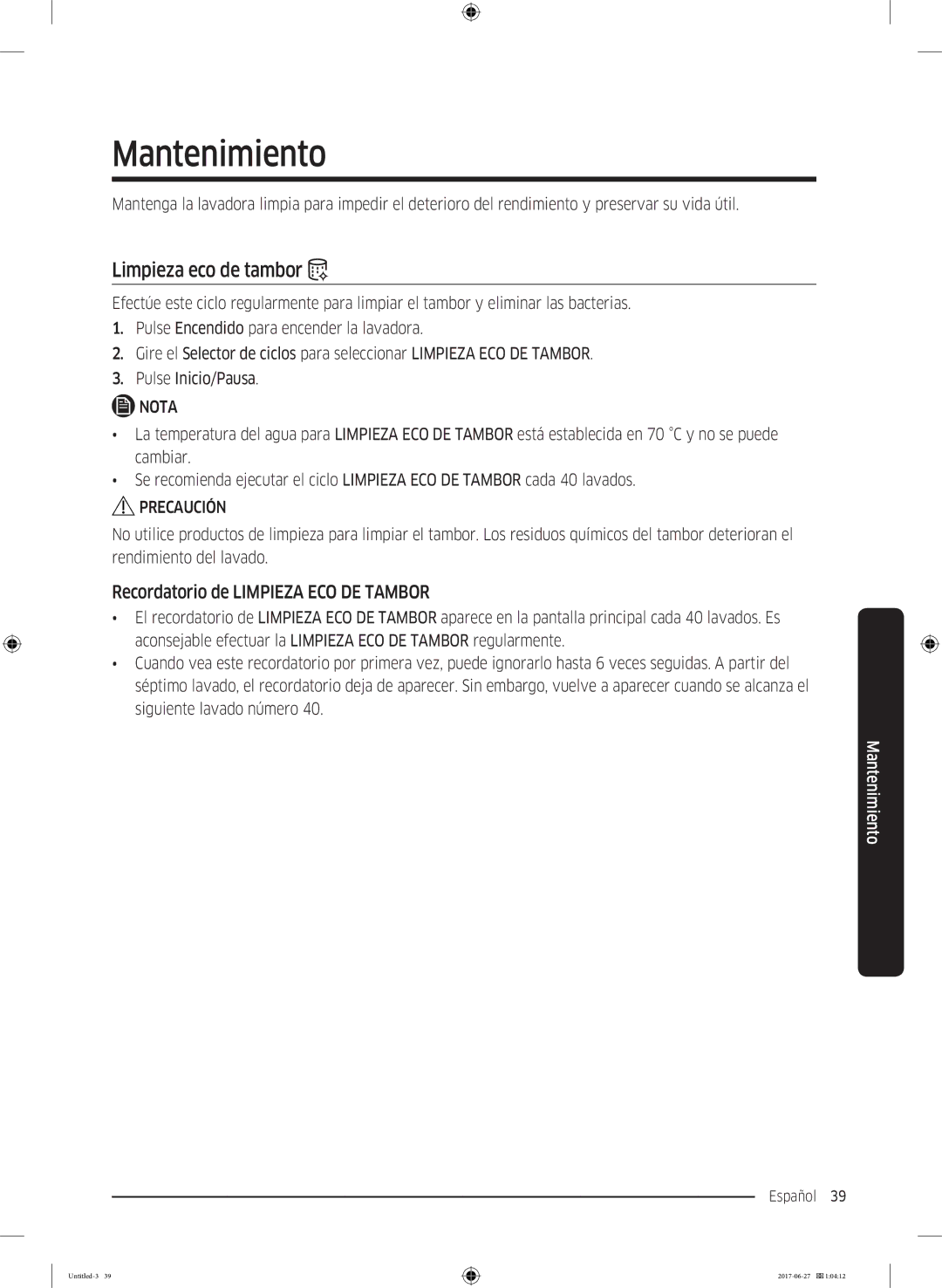 Samsung WW90J5355FW/EC, WW80J5355DW/EP manual Mantenimiento, Limpieza eco de tambor, Recordatorio de Limpieza ECO DE Tambor 