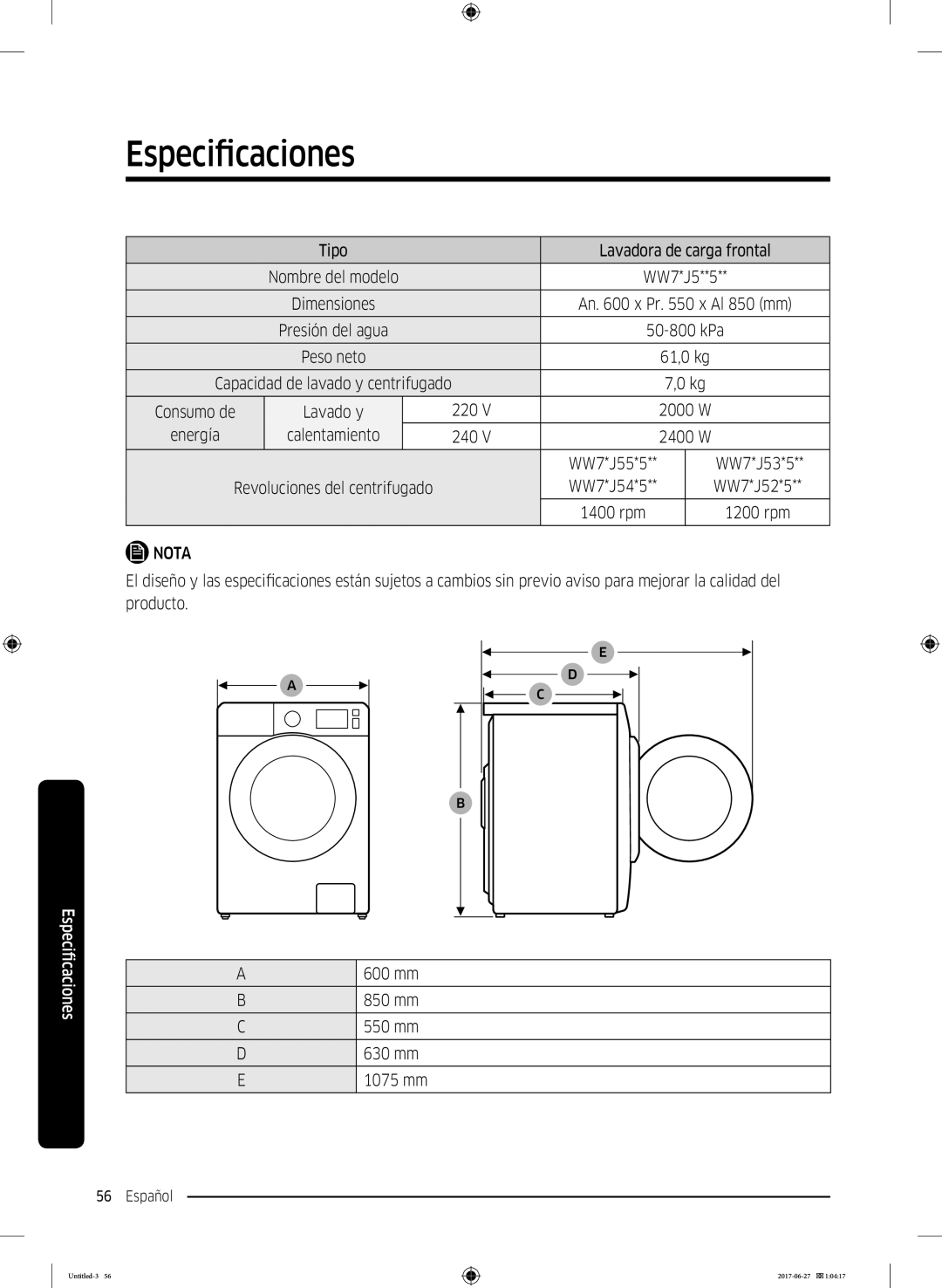 Samsung WW80J5355MW/EP, WW90J5355FW/EC, WW80J5355DW/EP, WW80J5355DW/EC, WW80J5355MW/EC, WW80J5555DW/EC manual Consumo de 