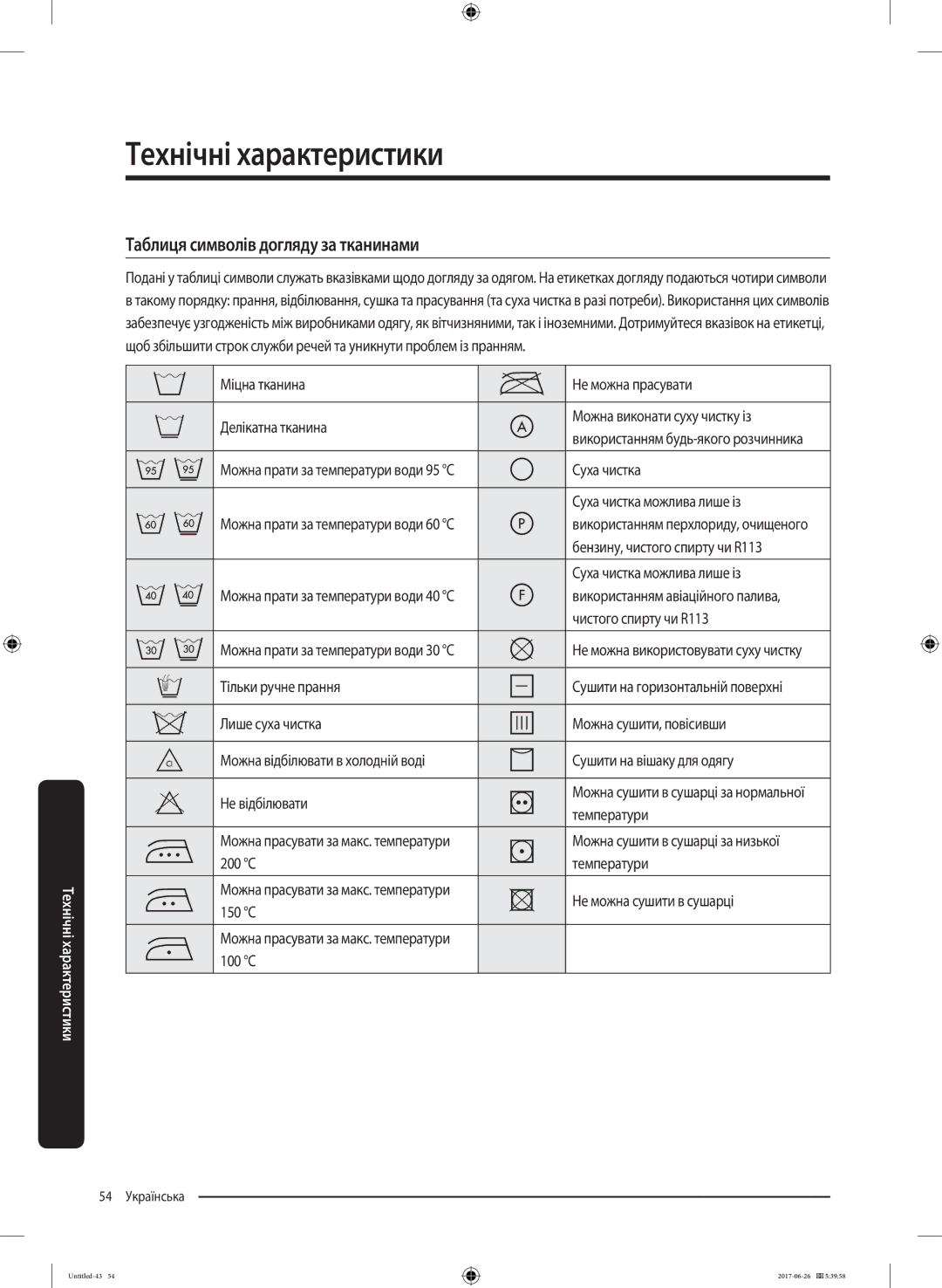 Samsung WW90J5446FW/LP, WW90J5446FX/LP manual Технічні характеристики, Таблиця символів догляду за тканинами 