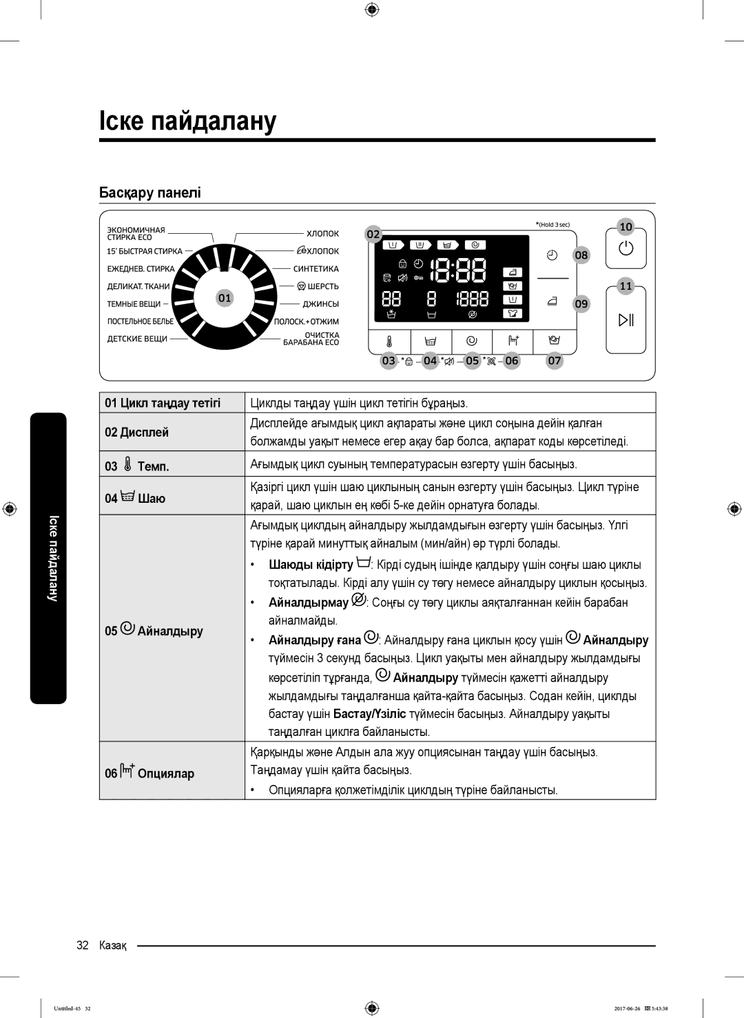 Samsung WW90J5446FW/LP, WW90J5446FX/LP manual Іске пайдалану, Басқару панелі 