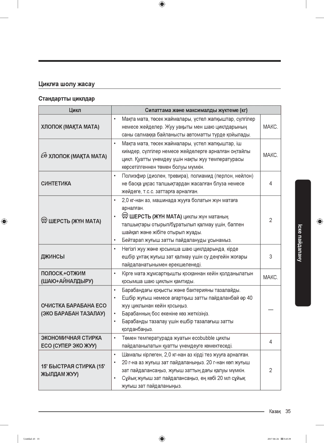 Samsung WW90J5446FX/LP, WW90J5446FW/LP manual Циклға шолу жасау, Стандартты циклдар 