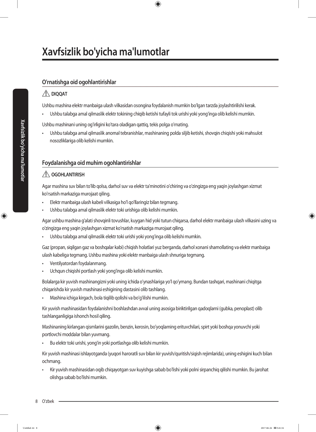 Samsung WW90J5446FW/LP, WW90J5446FX/LP manual Ornatishga oid ogohlantirishlar, Foydalanishga oid muhim ogohlantirishlar 