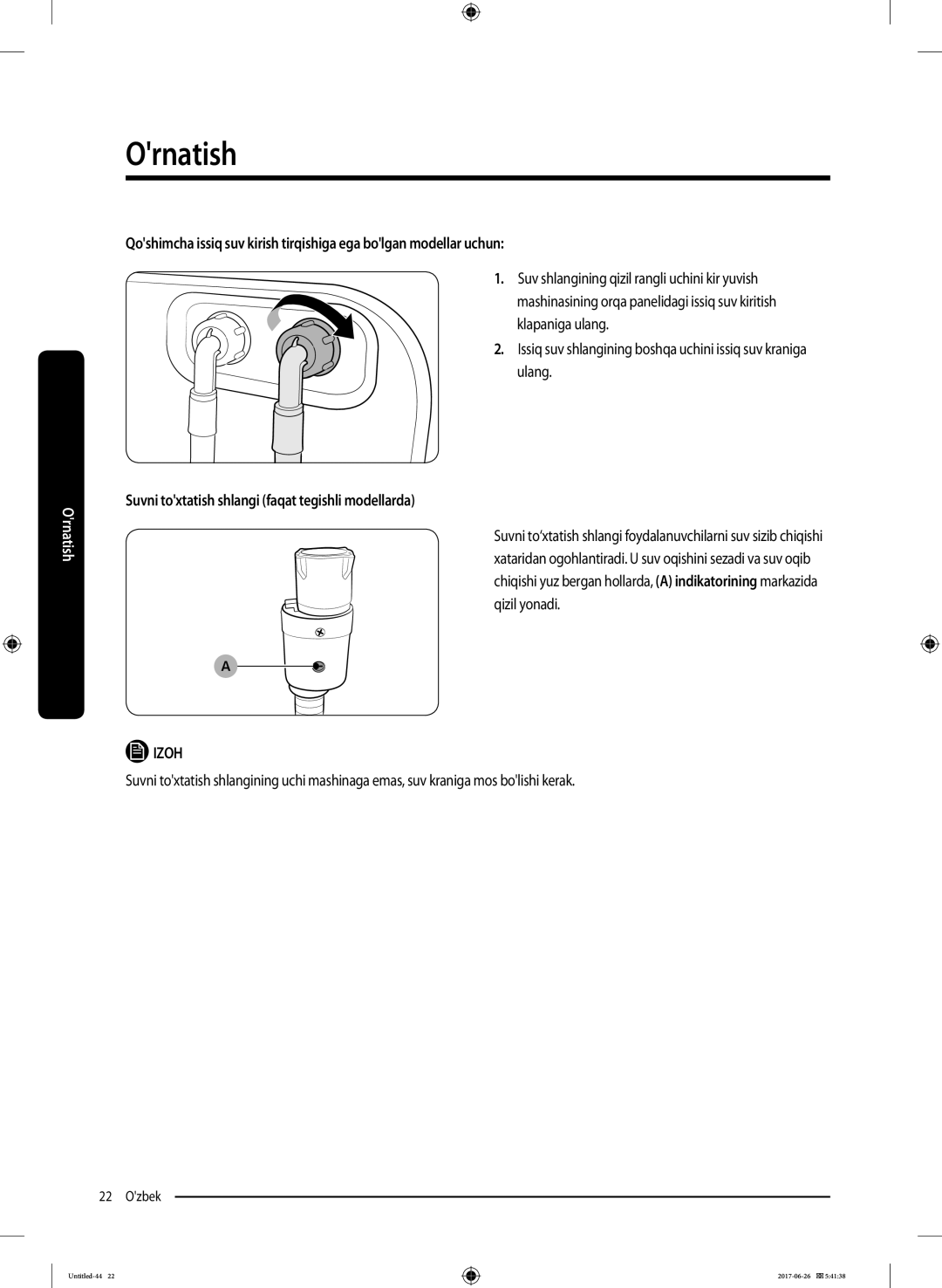 Samsung WW90J5446FW/LP, WW90J5446FX/LP manual Suvni toxtatish shlangi faqat tegishli modellarda 