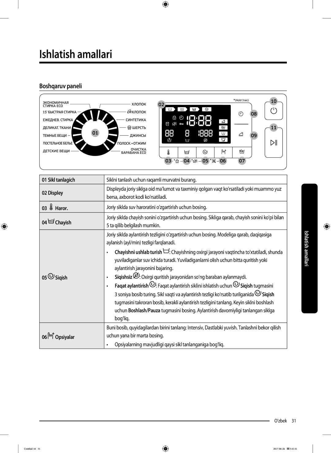 Samsung WW90J5446FX/LP, WW90J5446FW/LP manual Ishlatish amallari, Boshqaruv paneli 