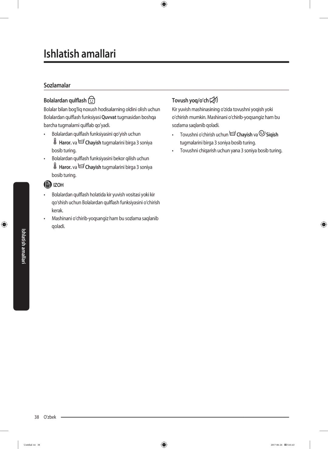 Samsung WW90J5446FW/LP, WW90J5446FX/LP manual Sozlamalar, Bolalardan qulflash, Tovush yoq/o‘ch 