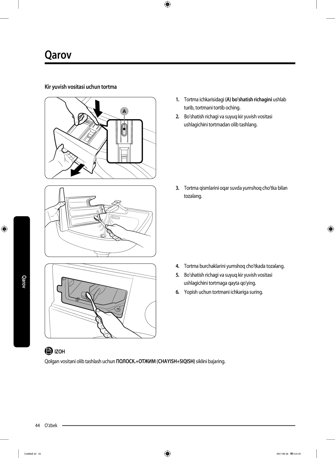 Samsung WW90J5446FW/LP, WW90J5446FX/LP manual Kir yuvish vositasi uchun tortma, Yopish uchun tortmani ichkariga suring 