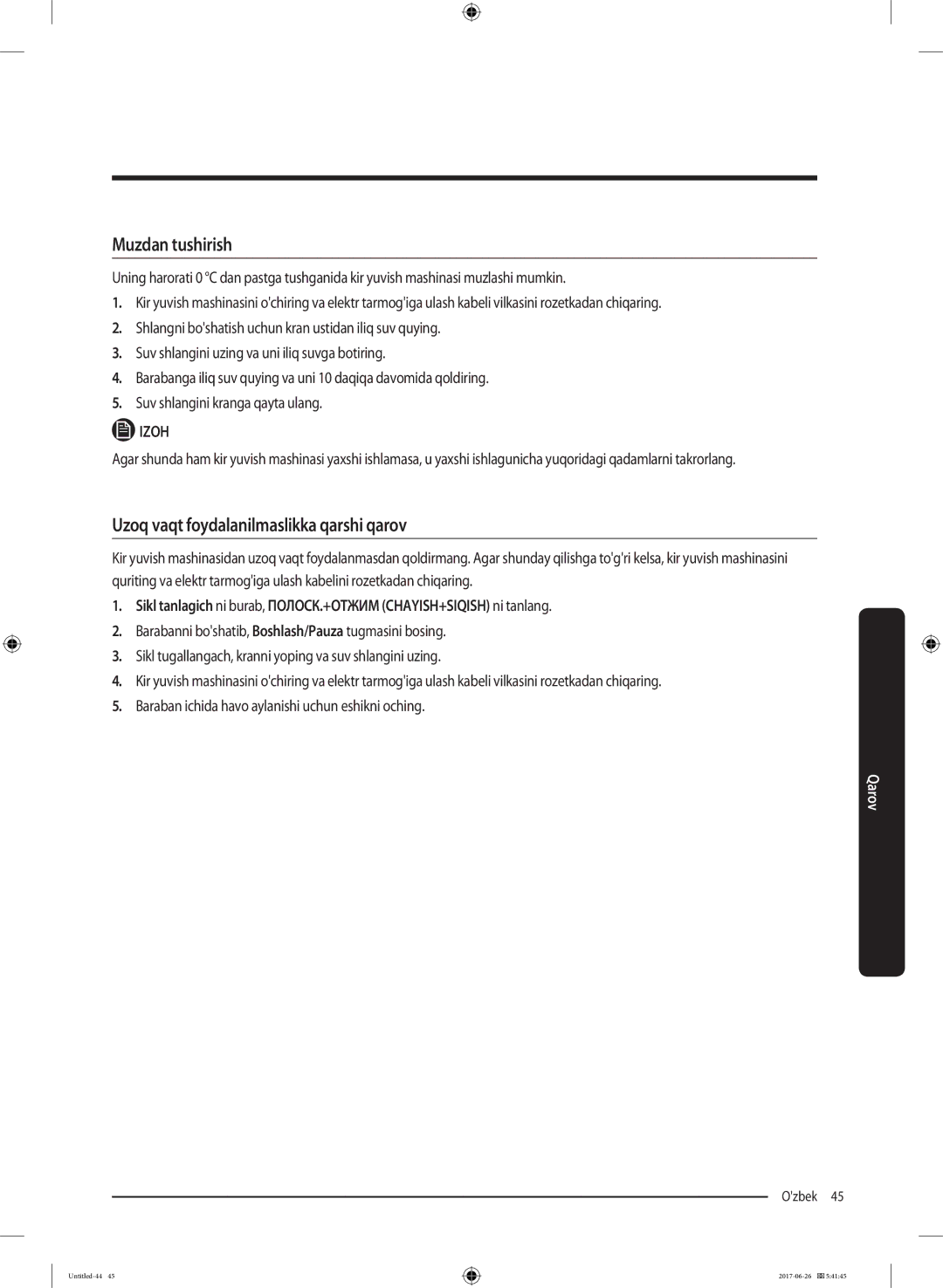 Samsung WW90J5446FX/LP, WW90J5446FW/LP manual Muzdan tushirish, Uzoq vaqt foydalanilmaslikka qarshi qarov 