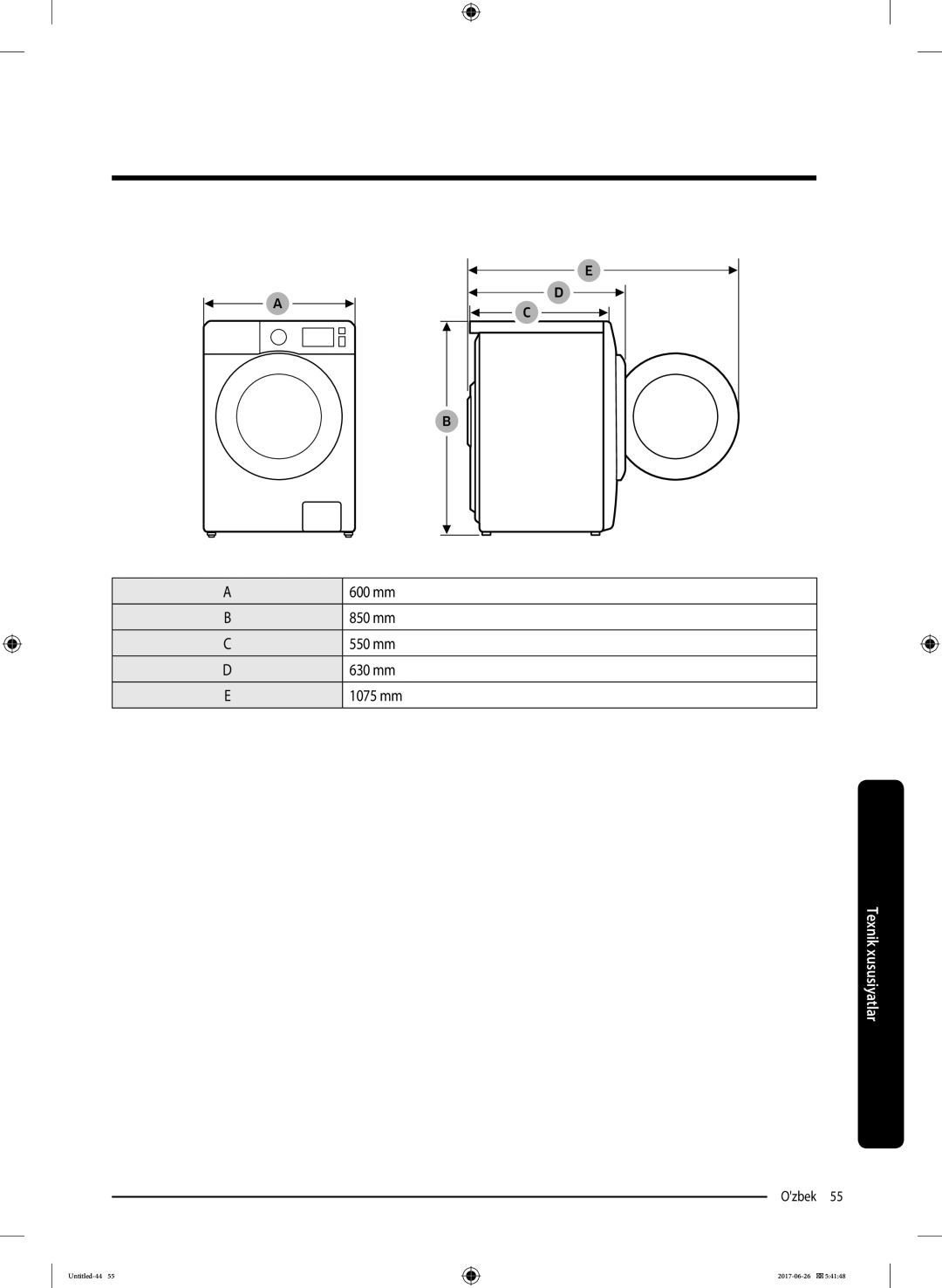 Samsung WW90J5446FX/LP, WW90J5446FW/LP manual 600 mm, 850 mm, 630 mm, 1075 mm 