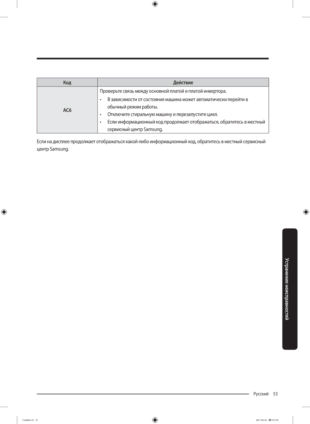 Samsung WW90J5446FX/LP, WW90J5446FW/LP Проверьте связь между основной платой и платой инвертора, AC6, Обычный режим работы 