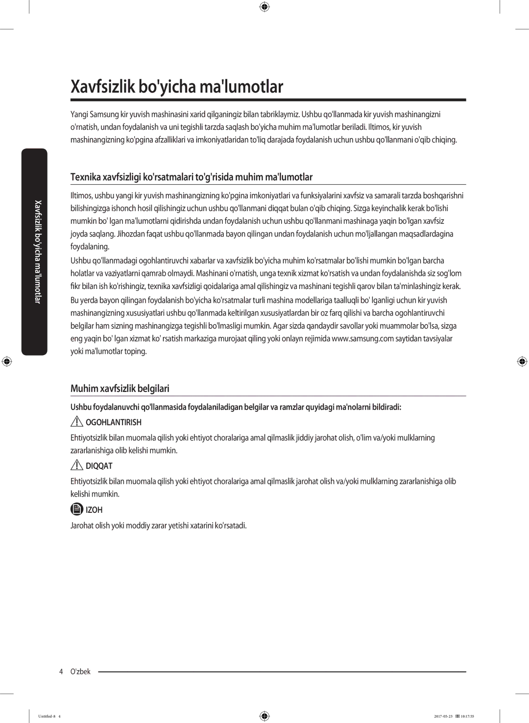 Samsung WW90J5446FX/LP manual Texnika xavfsizligi korsatmalari togrisida muhim malumotlar, Muhim xavfsizlik belgilari 