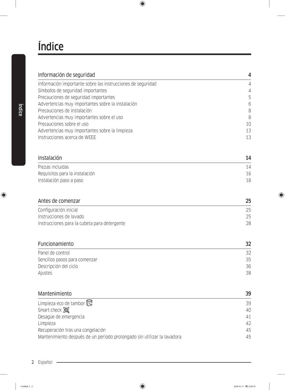 Samsung WW90J5455DW/EC manual Índice 