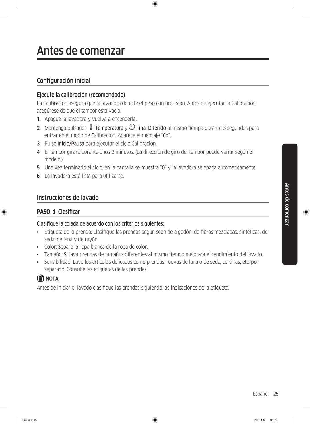 Samsung WW90J5455DW/EC manual Antes de comenzar, Configuración inicial, Instrucciones de lavado, Paso 1 Clasificar 