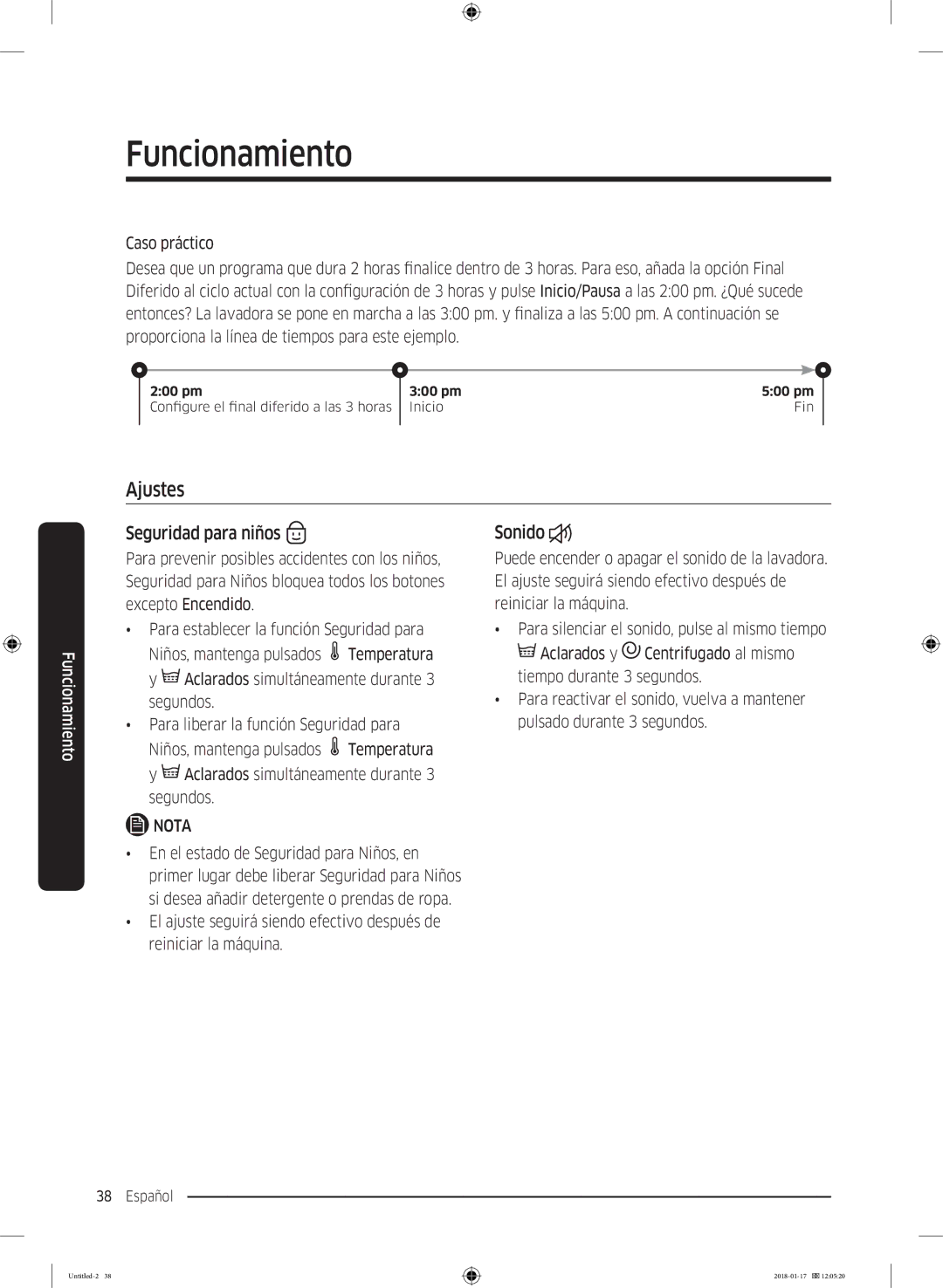 Samsung WW90J5455DW/EC manual Ajustes, Seguridad para niños, Sonido 