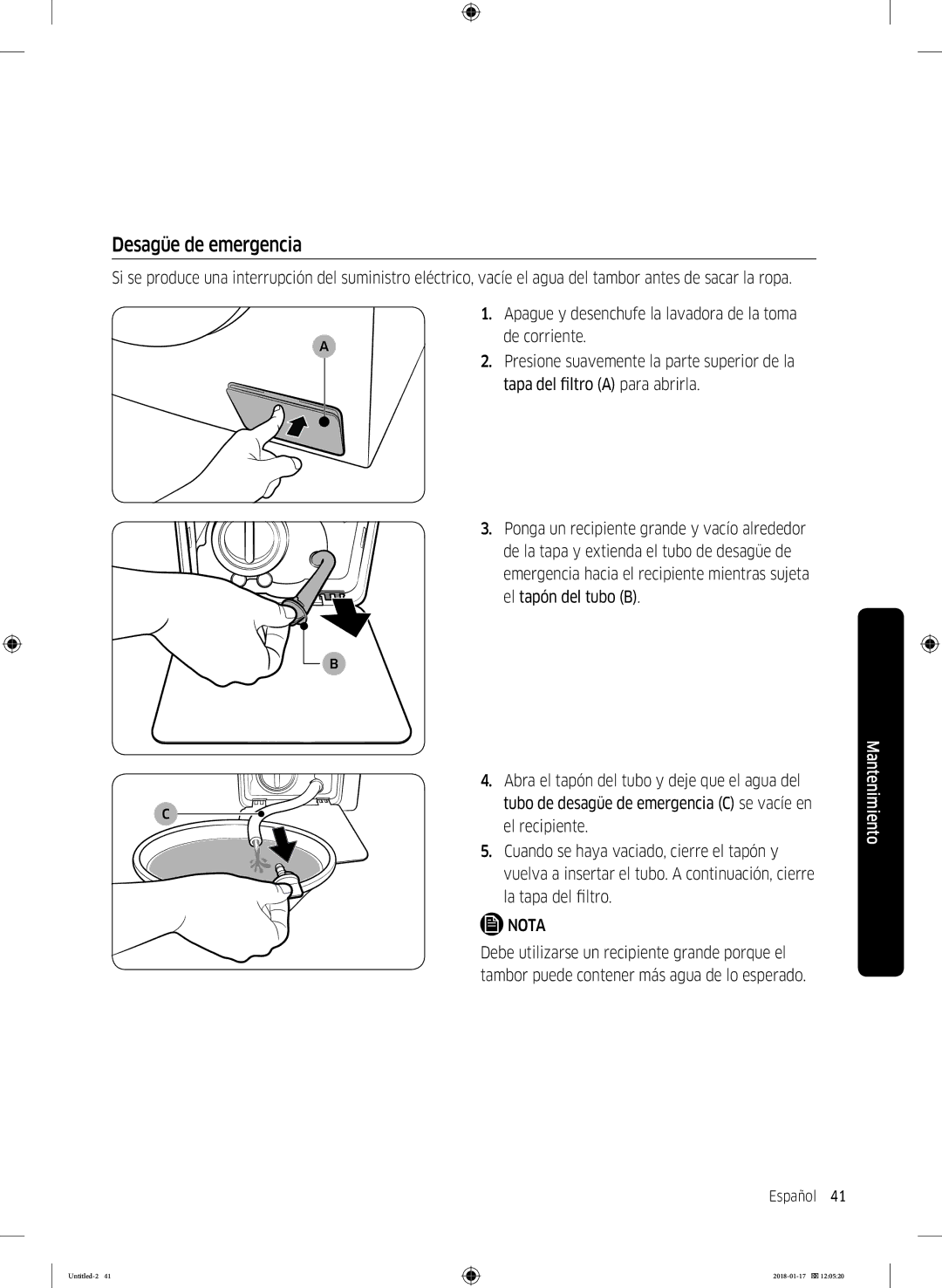 Samsung WW90J5455DW/EC manual Desagüe de emergencia 