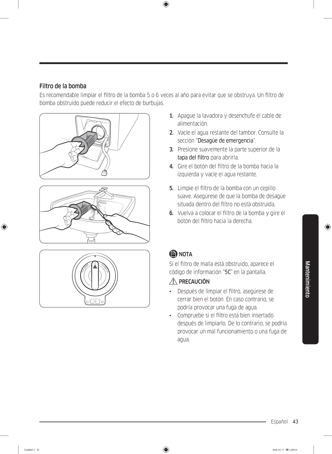 Samsung WW90J5455DW/EC manual Filtro de la bomba 