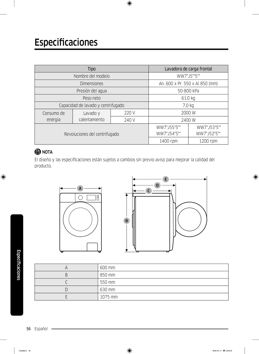 Samsung WW90J5455DW/EC manual Consumo de 