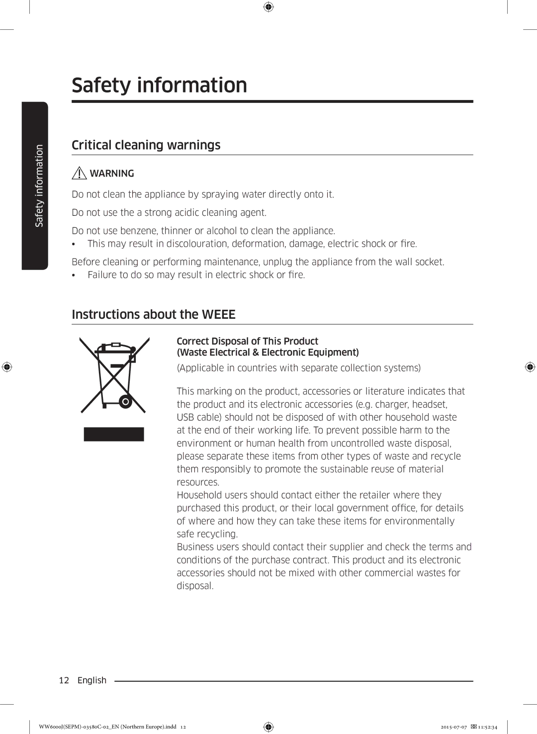 Samsung WW90J6400EW/EE manual Critical cleaning warnings, Instructions about the Weee 