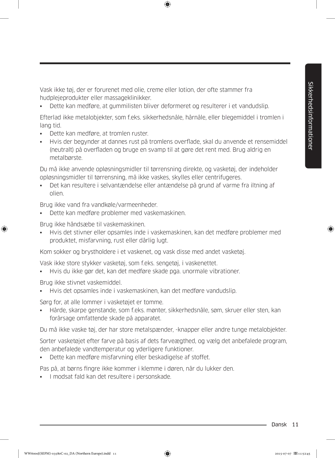 Samsung WW90J6400EW/EE manual Sikkerhedsinformationer 