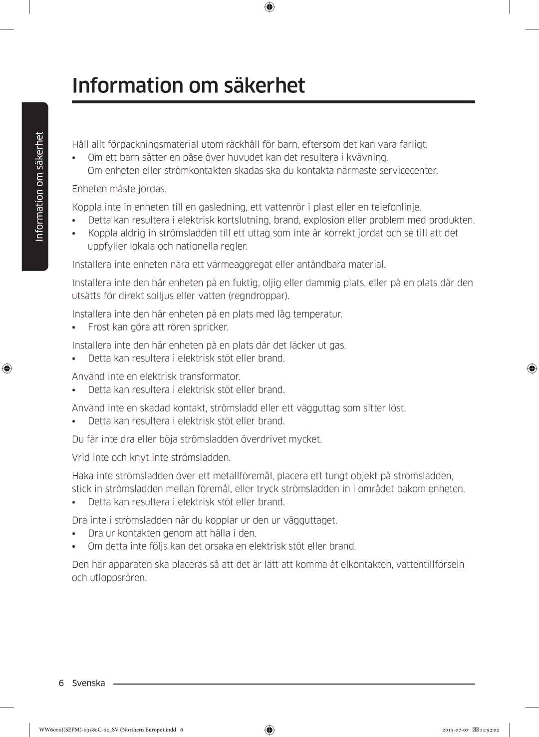 Samsung WW90J6400EW/EE manual Information om säkerhet 