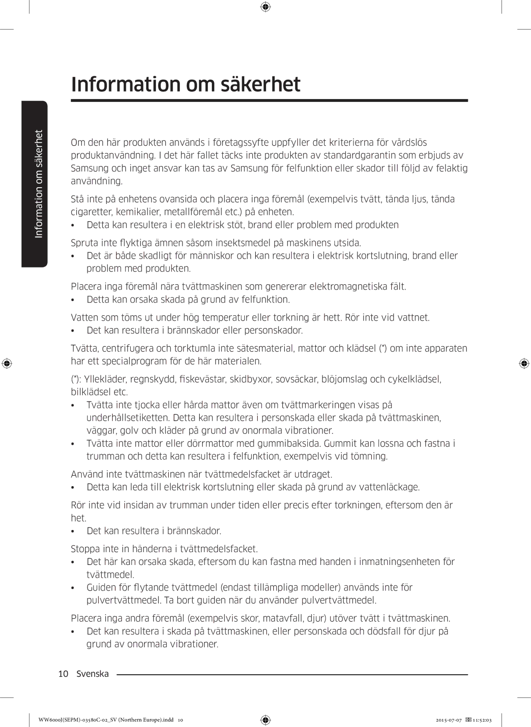 Samsung WW90J6400EW/EE manual Information om säkerhet 