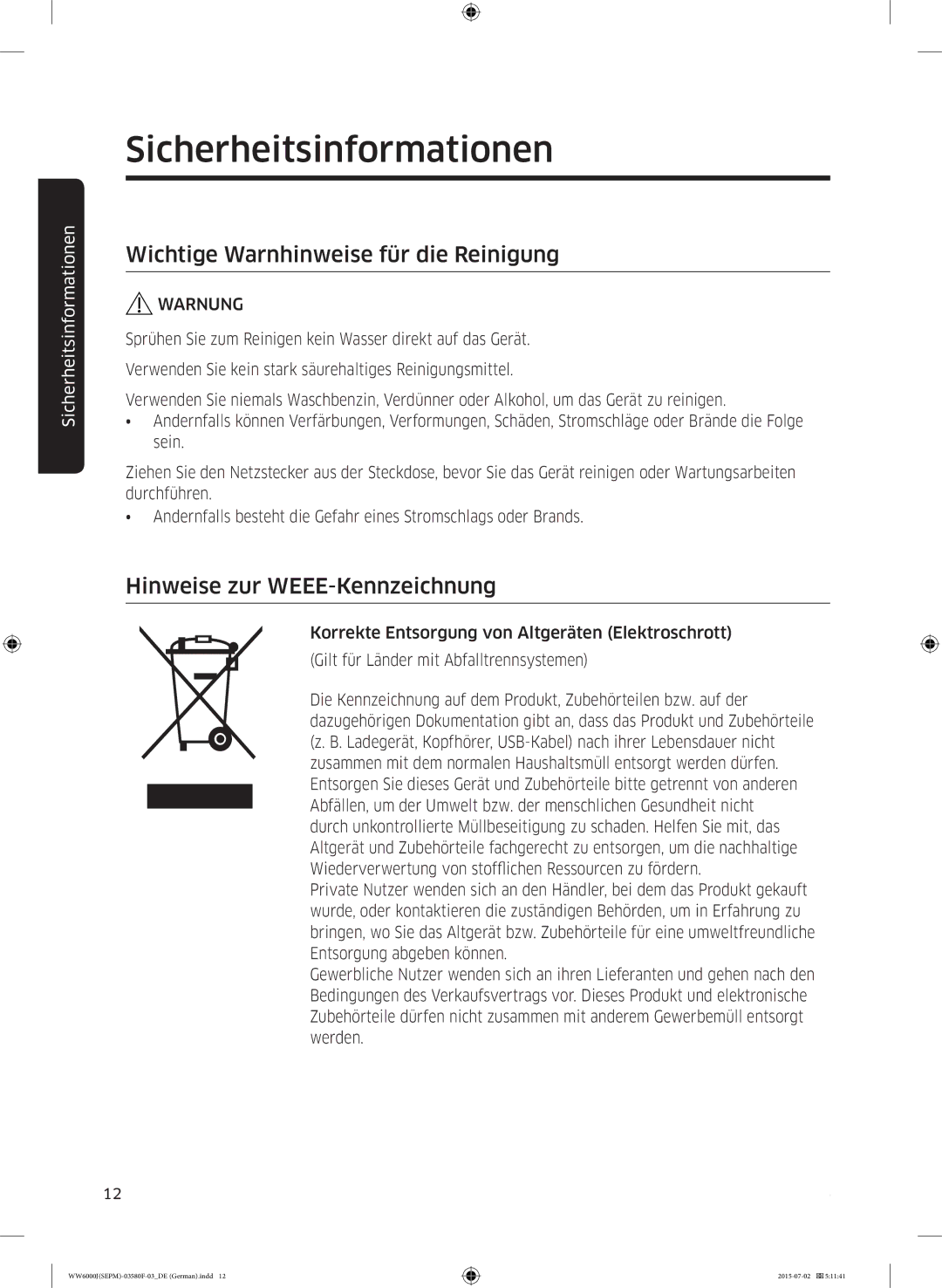 Samsung WW80J6400CW/EG, WW90J6403EW/EG manual Wichtige Warnhinweise für die Reinigung, Hinweise zur WEEE-Kennzeichnung 