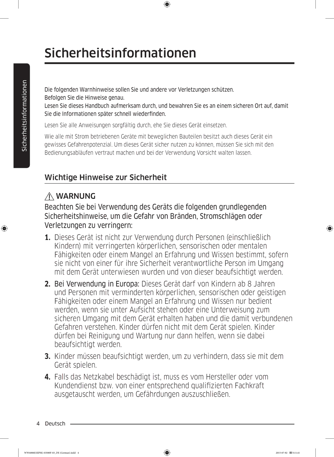 Samsung WW81J6400EW/EG, WW90J6403EW/EG, WW80J6400EW/EG, WW90J6400CW/EG manual Wichtige Hinweise zur Sicherheit, Warnung 