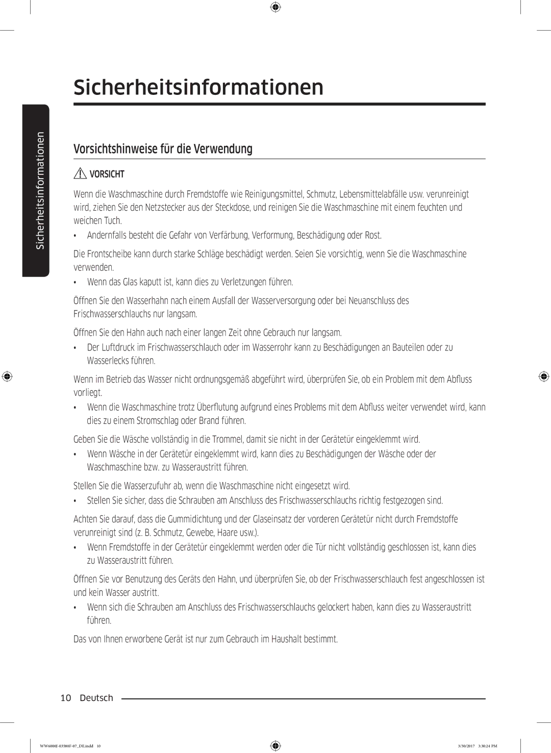 Samsung WW80J6403EW/EG, WW90J6403EW/EG, WW80J6400EW/EG, WW90J6400CW/EG, WW81J6400EW/EG Vorsichtshinweise für die Verwendung 