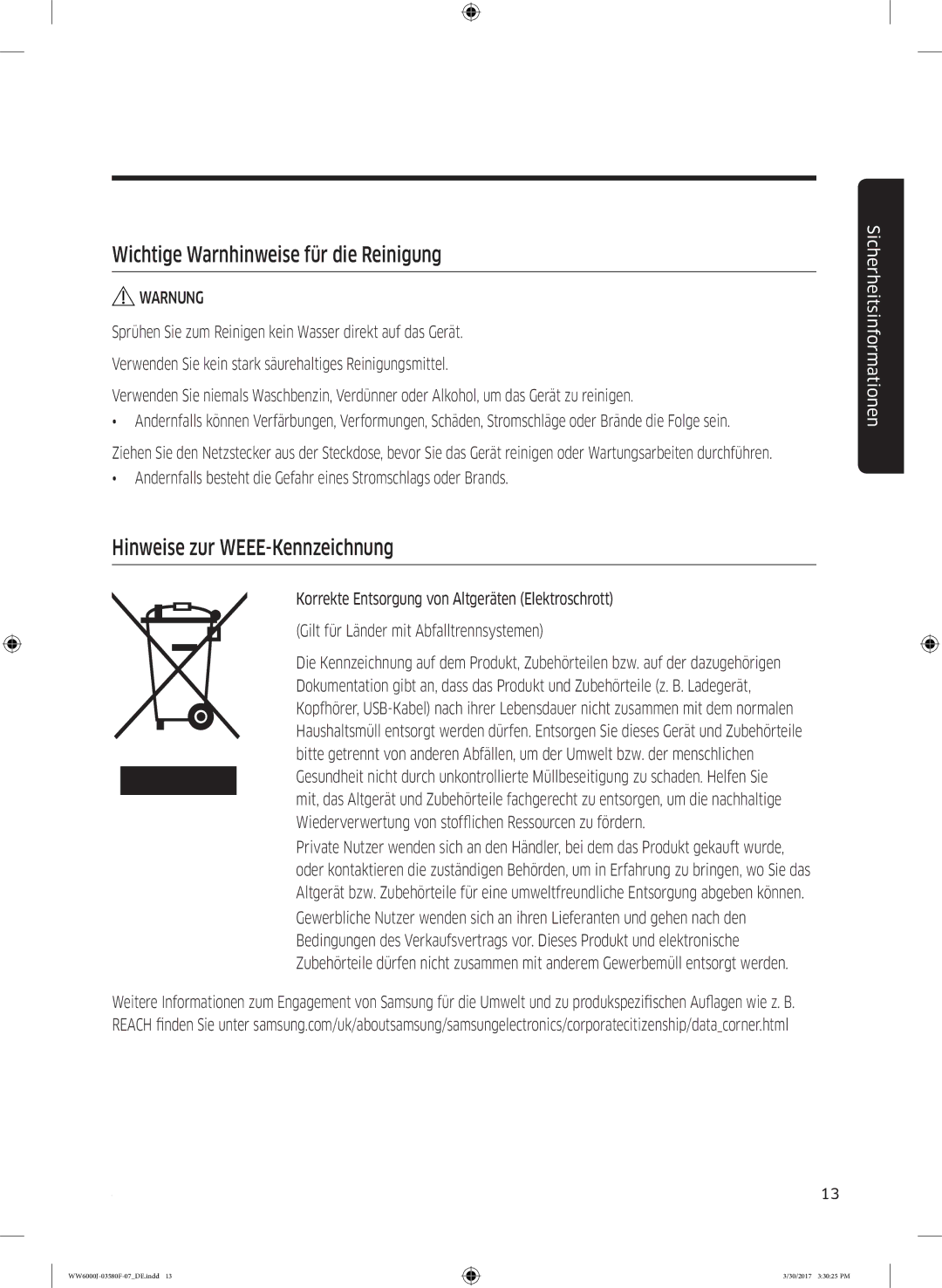 Samsung WW80J6400EW/EG, WW90J6403EW/EG manual Wichtige Warnhinweise für die Reinigung, Hinweise zur WEEE-Kennzeichnung 