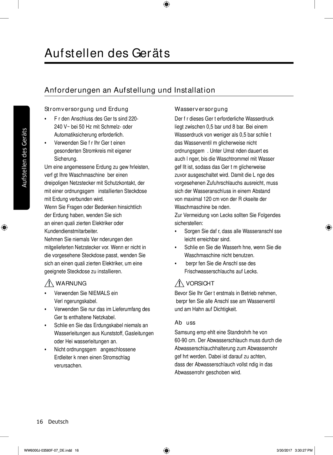 Samsung WW80J6403EW/EG, WW90J6403EW/EG, WW80J6400EW/EG, WW90J6400CW/EG manual Anforderungen an Aufstellung und Installation 