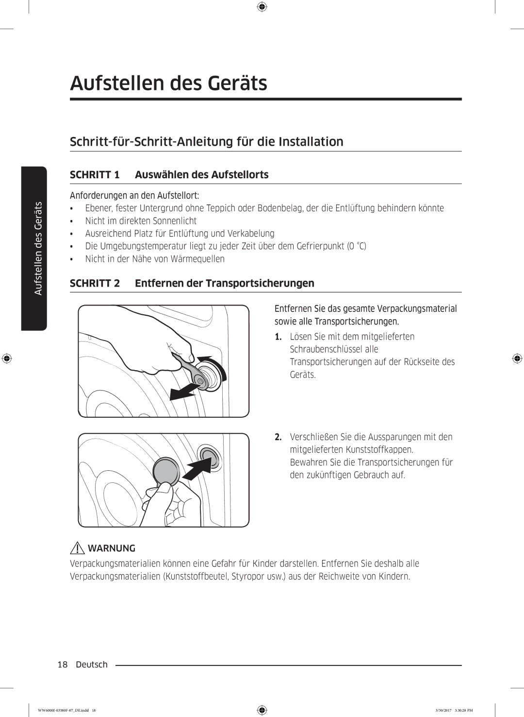 Samsung WW90J6403EW/EG manual Schritt-für-Schritt-Anleitung für die Installation, Schritt 1 Auswählen des Aufstellorts 