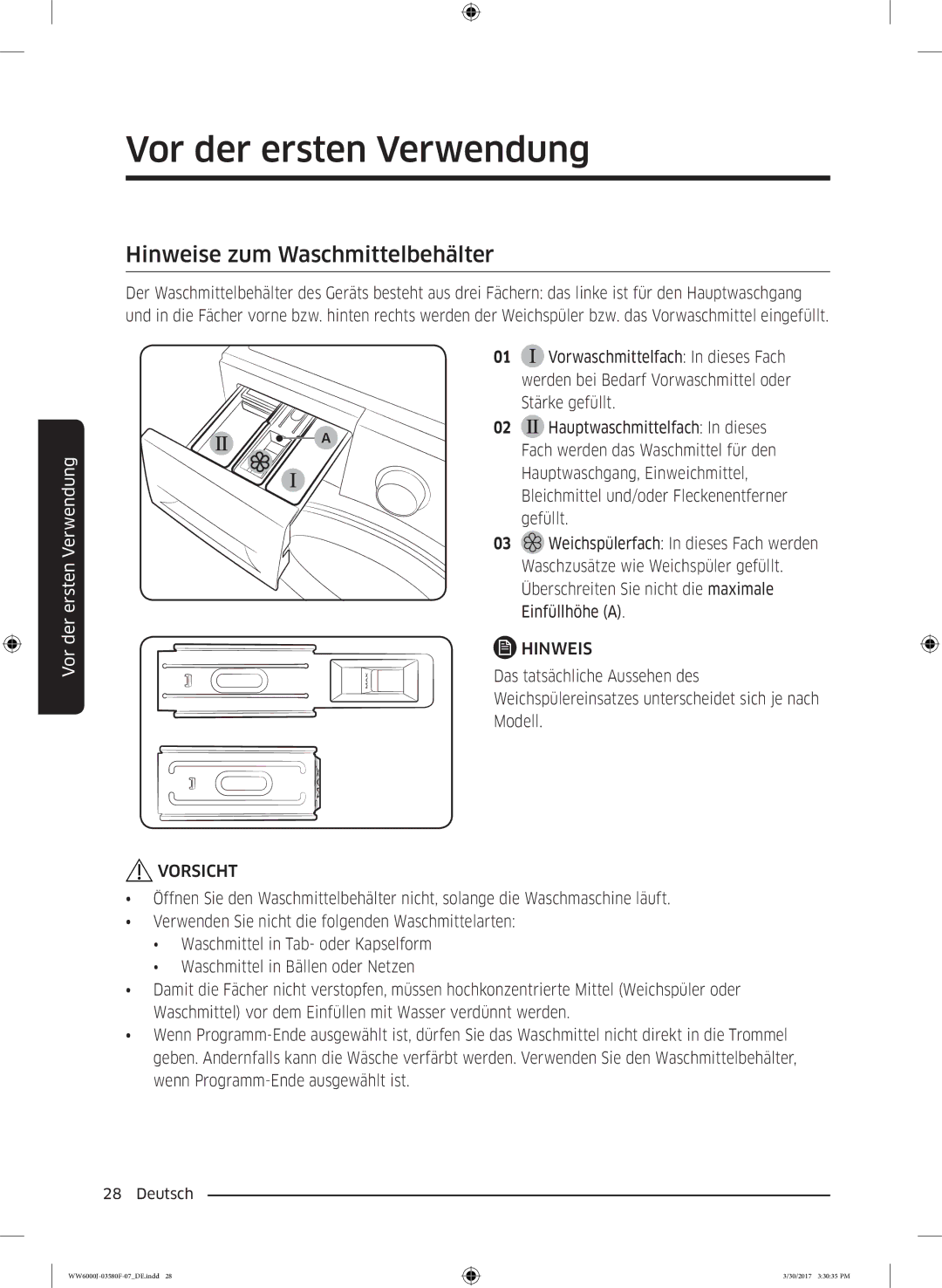 Samsung WW80J6403EW/EG, WW90J6403EW/EG, WW80J6400EW/EG, WW90J6400CW/EG, WW81J6400EW/EG manual Hinweise zum Waschmittelbehälter 