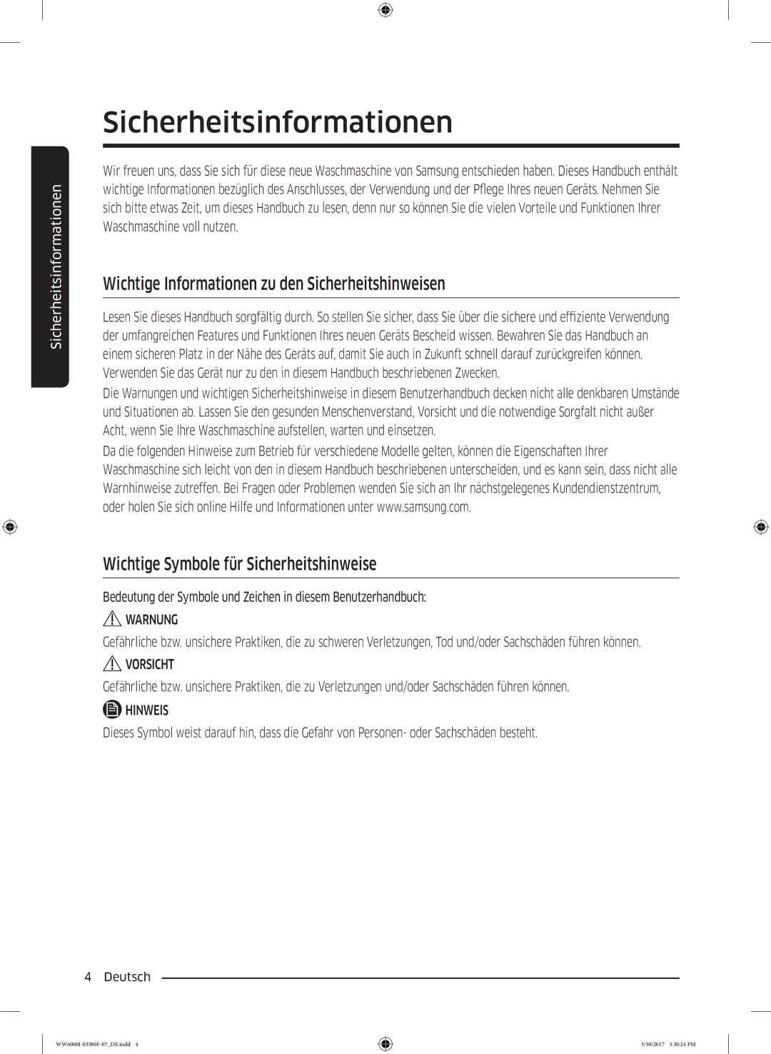 Samsung WW80J6403EW/EG, WW90J6403EW/EG manual Sicherheitsinformationen, Wichtige Informationen zu den Sicherheitshinweisen 