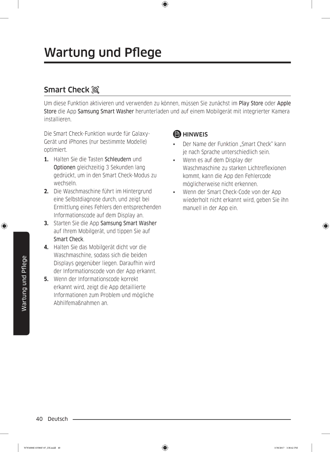 Samsung WW80J6403EW/EG, WW90J6403EW/EG, WW80J6400EW/EG, WW90J6400CW/EG, WW81J6400EW/EG manual Smart Check, Wartung und Pflege 
