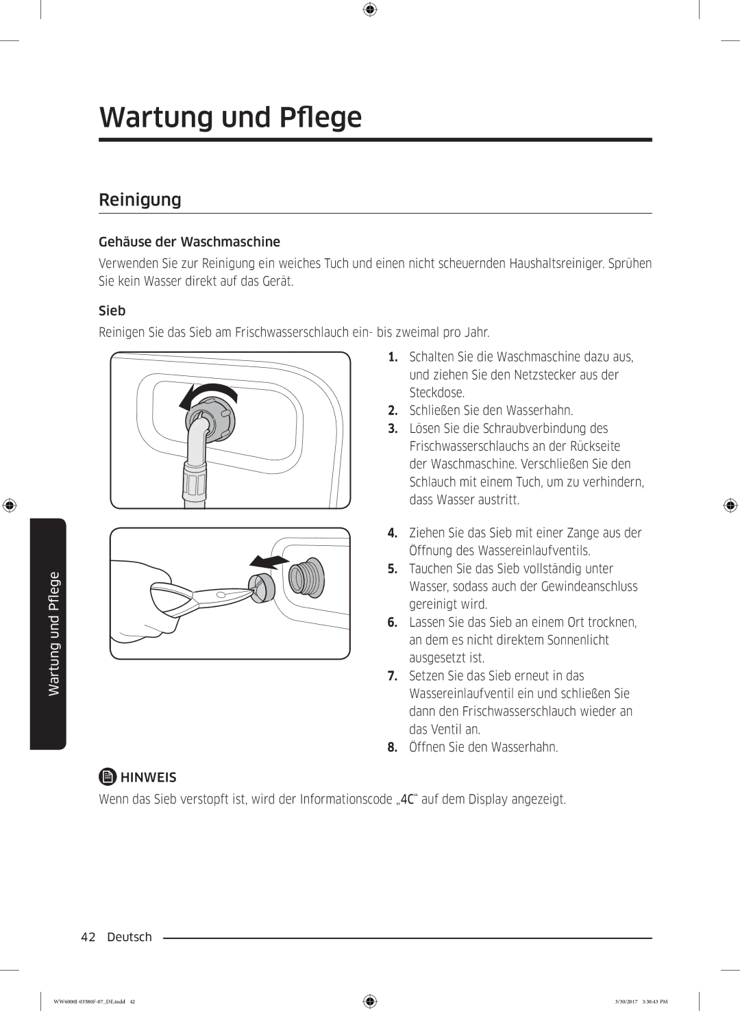 Samsung WW90J6403EW/EG, WW80J6400EW/EG, WW90J6400CW/EG, WW81J6400EW/EG, WW80J6403EW/EG, WW80J6400CW/EG manual Reinigung 