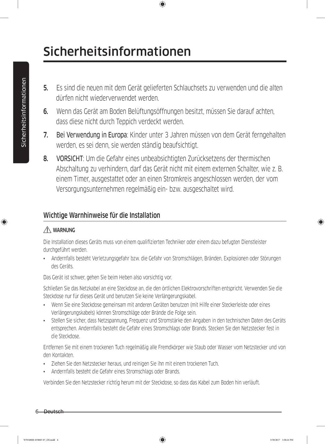 Samsung WW90J6403EW/EG, WW80J6400EW/EG, WW90J6400CW/EG, WW81J6400EW/EG manual Wichtige Warnhinweise für die Installation 