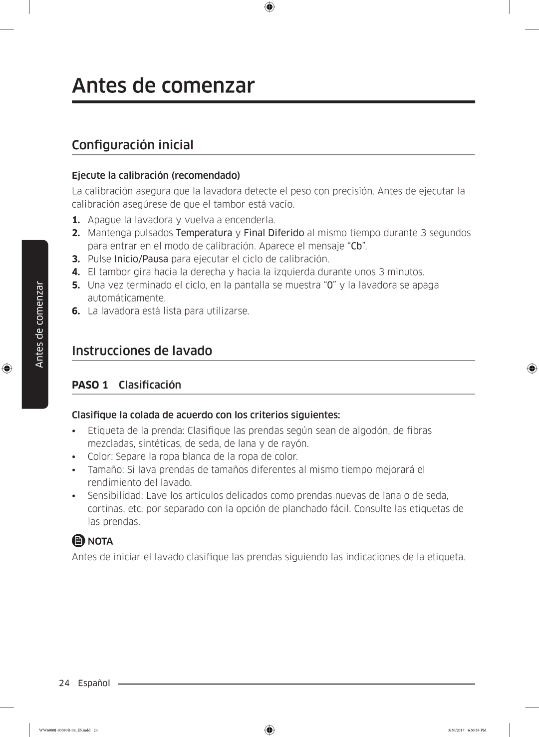 Samsung WW90J6410CW/EC manual Antes de comenzar, Configuración inicial, Instrucciones de lavado, Paso 1 Clasificación 