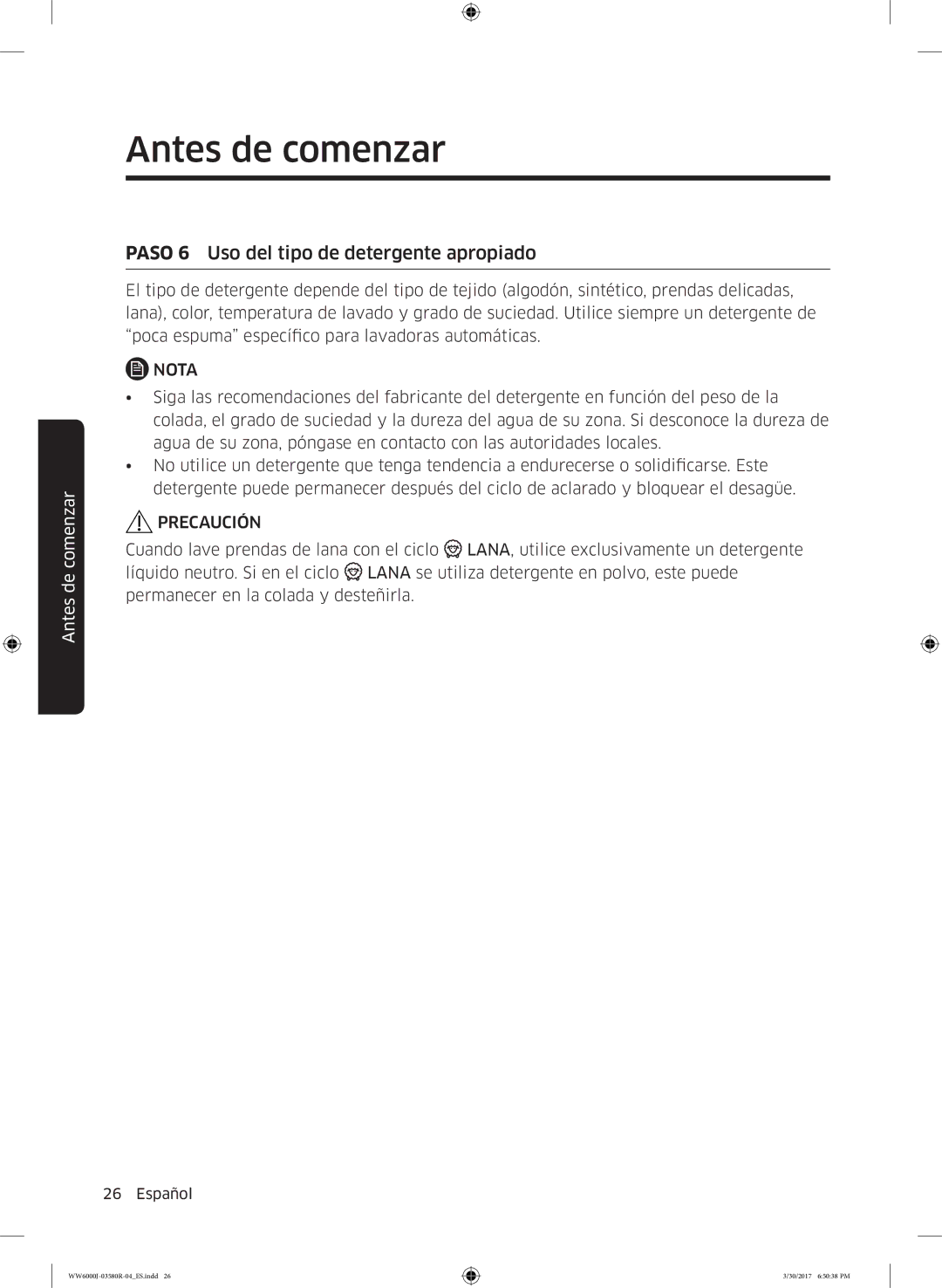 Samsung WW90J6410CW/EC, WW80J6410CW/EC manual Paso 6 Uso del tipo de detergente apropiado 