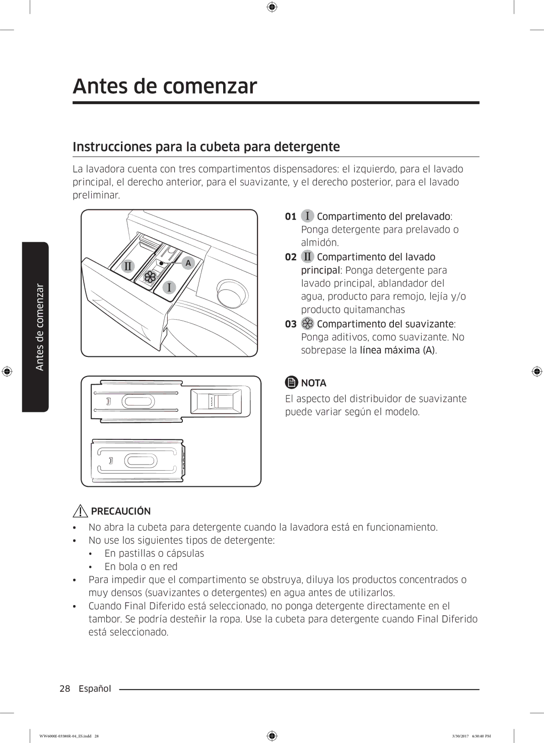 Samsung WW90J6410CW/EC, WW80J6410CW/EC manual Instrucciones para la cubeta para detergente 