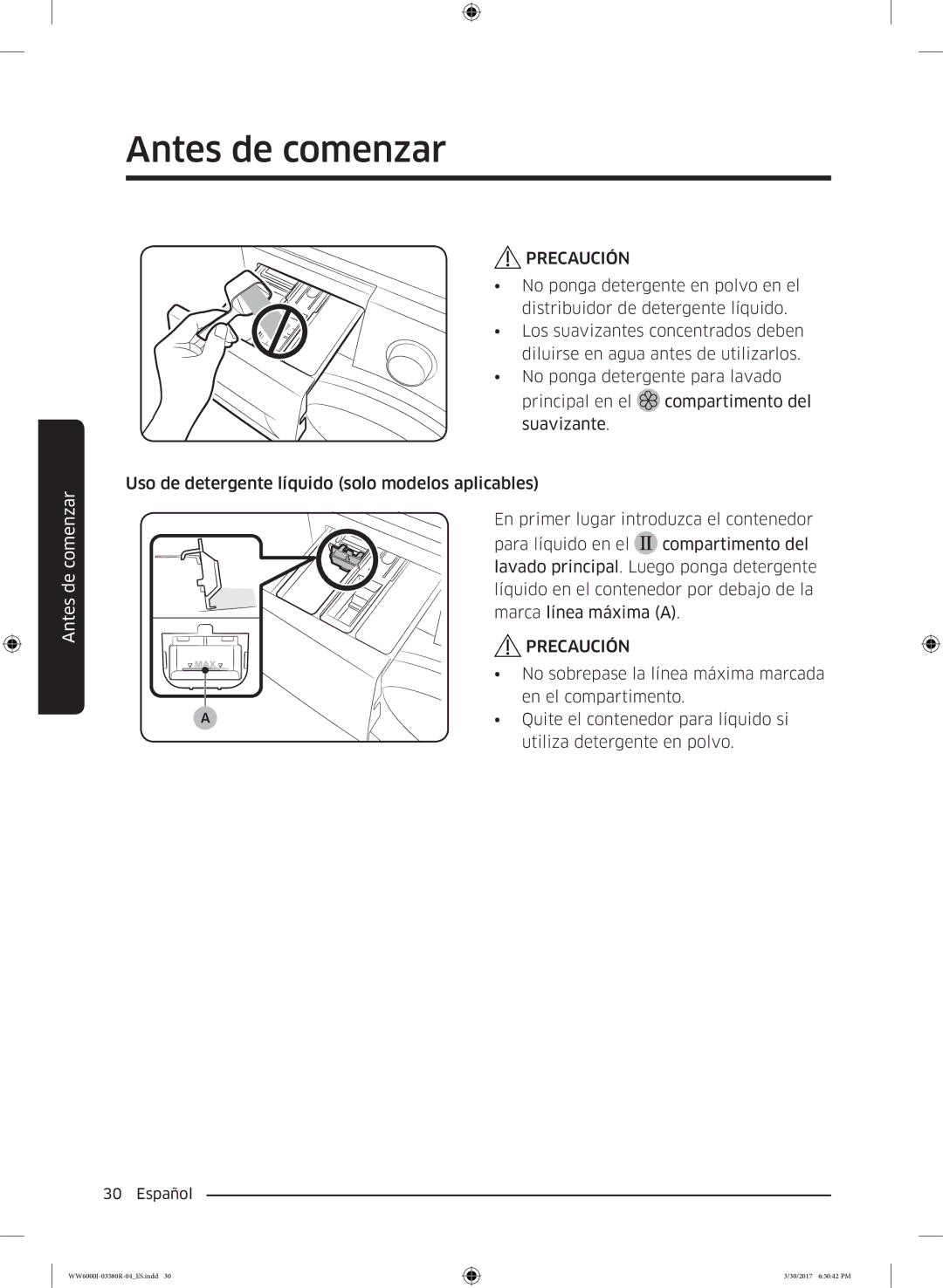 Samsung WW90J6410CW/EC, WW80J6410CW/EC manual No sobrepase la línea máxima marcada 