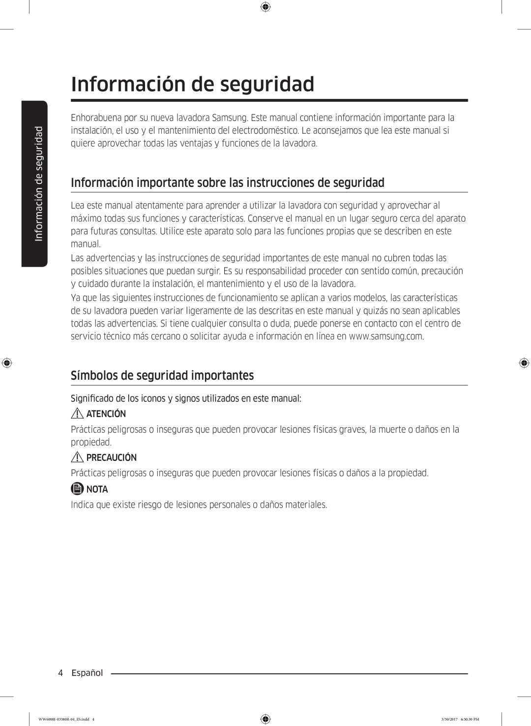 Samsung WW90J6410CW/EC manual Información de seguridad, Información importante sobre las instrucciones de seguridad 