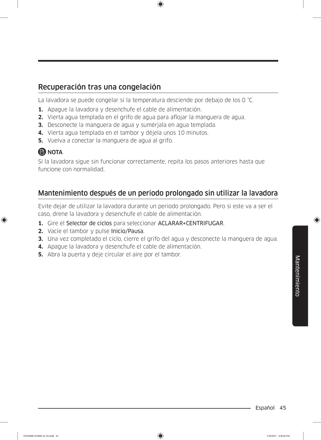 Samsung WW80J6410CW/EC, WW90J6410CW/EC manual Recuperación tras una congelación 