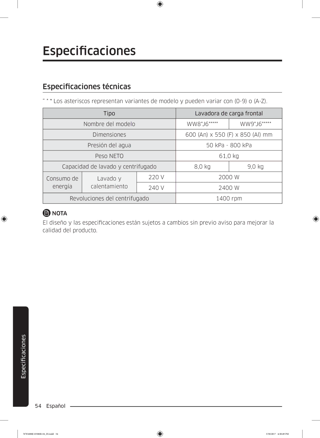 Samsung WW90J6410CW/EC, WW80J6410CW/EC manual Especificaciones técnicas 