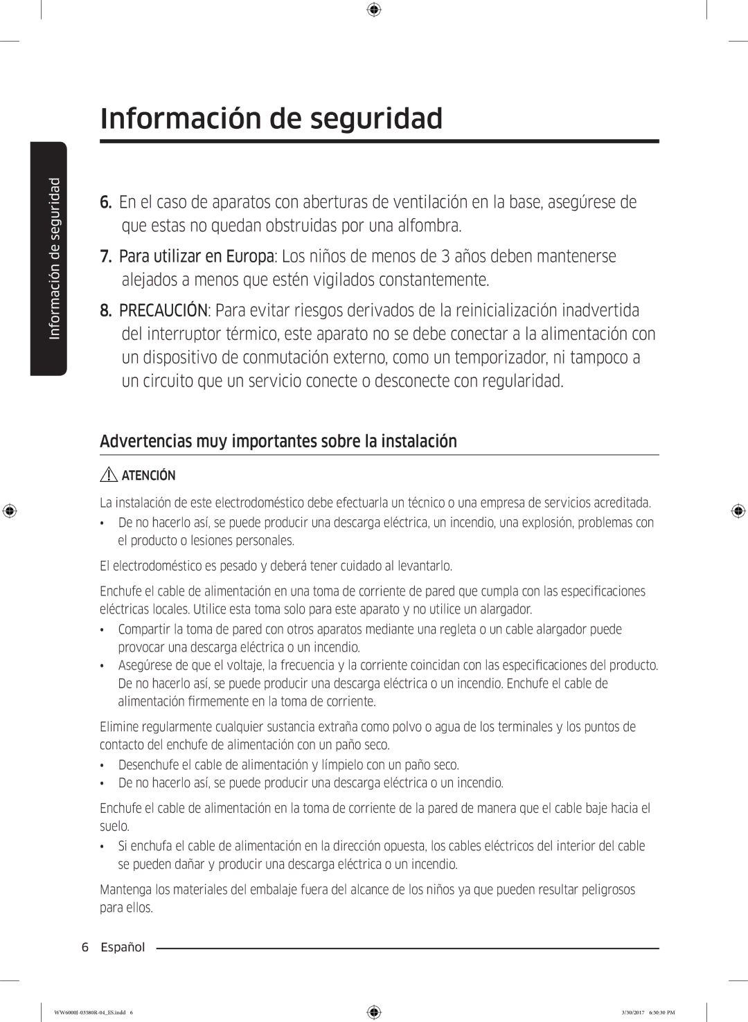 Samsung WW90J6410CW/EC, WW80J6410CW/EC manual Advertencias muy importantes sobre la instalación 