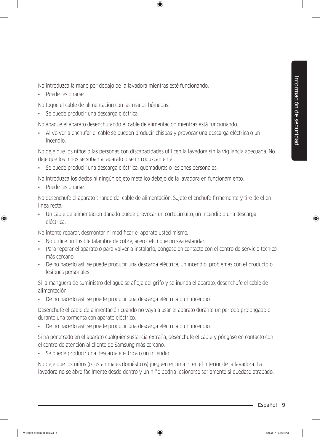 Samsung WW80J6410CW/EC, WW90J6410CW/EC manual Información de seguridad 