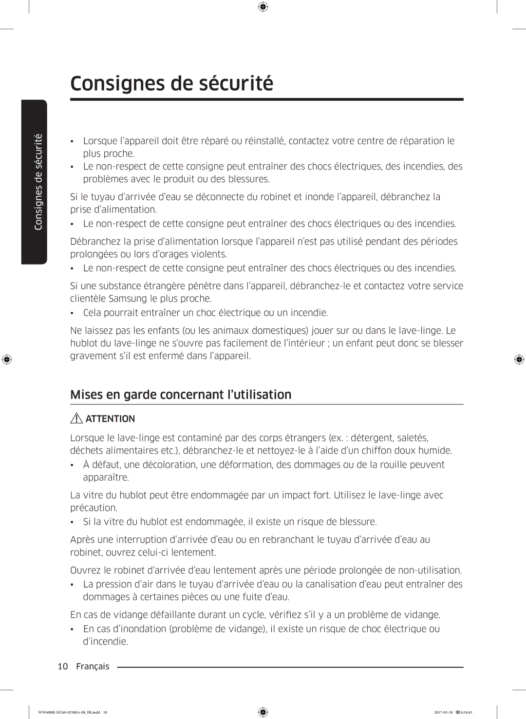 Samsung WW90J6410CW/EF, WW80J6410CW/EF manual Mises en garde concernant l’utilisation 