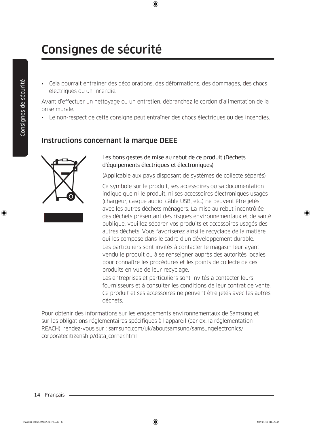 Samsung WW90J6410CW/EF, WW80J6410CW/EF manual Instructions concernant la marque Deee 