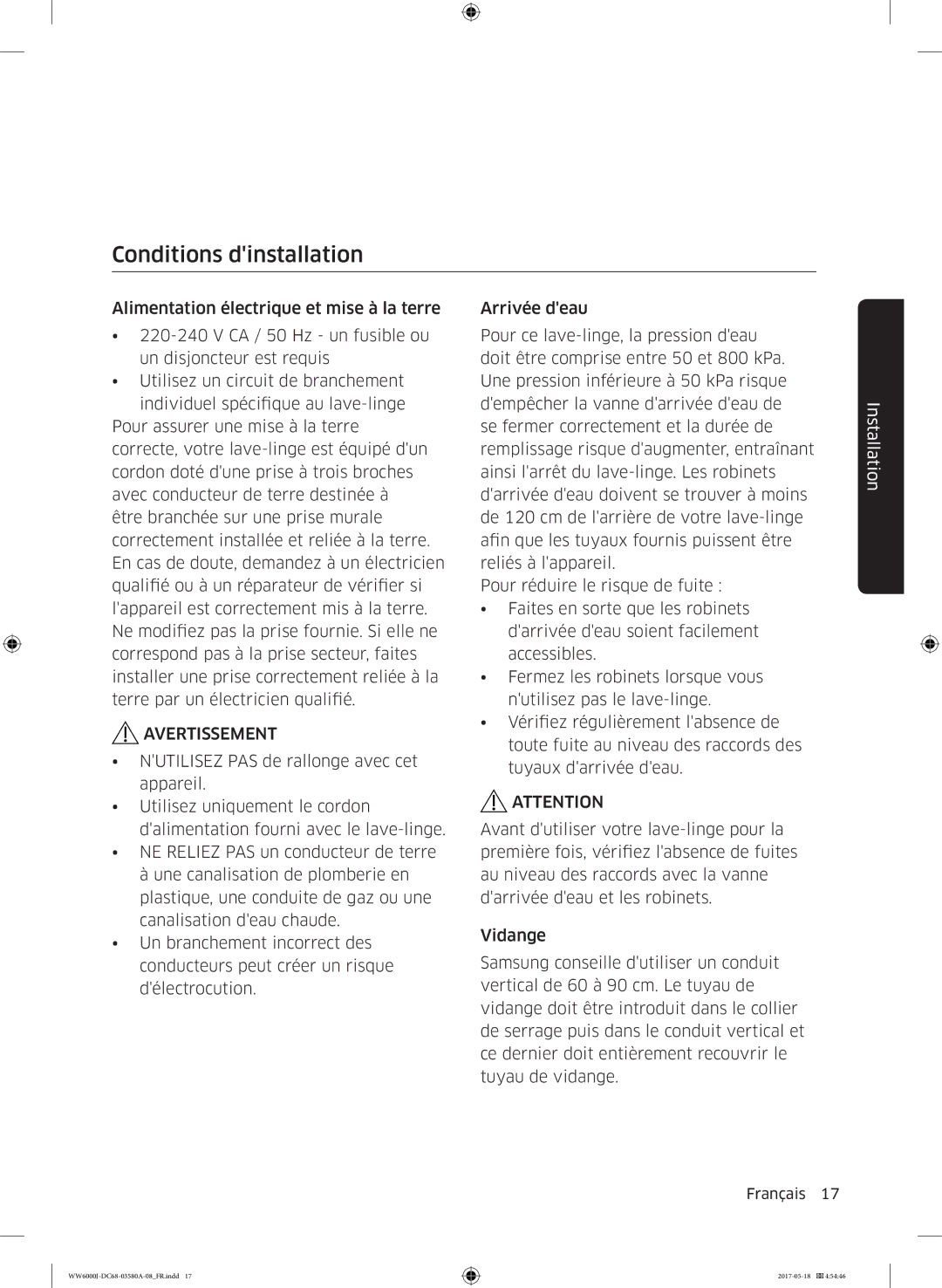 Samsung WW80J6410CW/EF, WW90J6410CW/EF manual Conditions dinstallation 