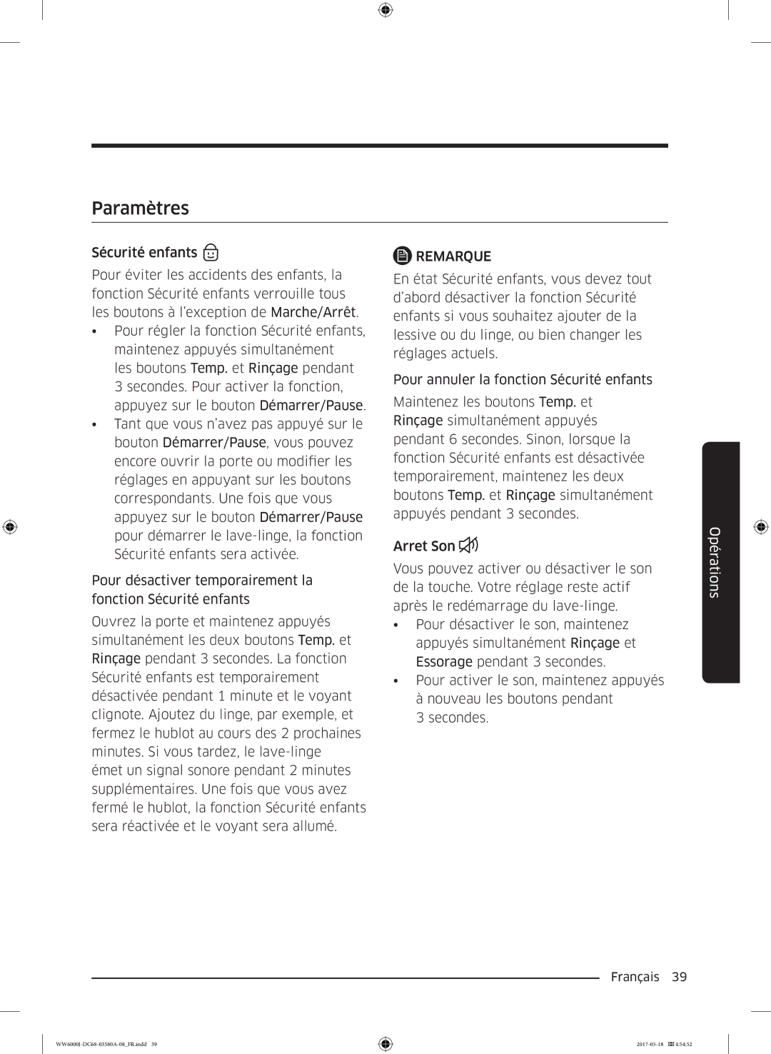 Samsung WW80J6410CW/EF, WW90J6410CW/EF manual Paramètres 