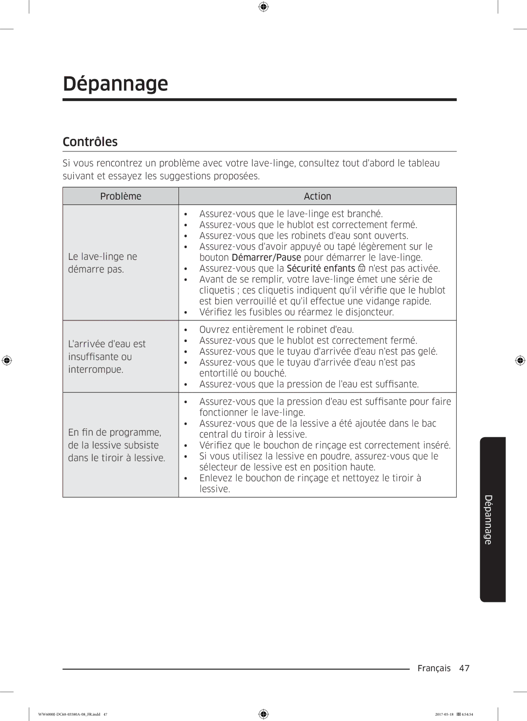 Samsung WW80J6410CW/EF, WW90J6410CW/EF manual Dépannage, Contrôles 