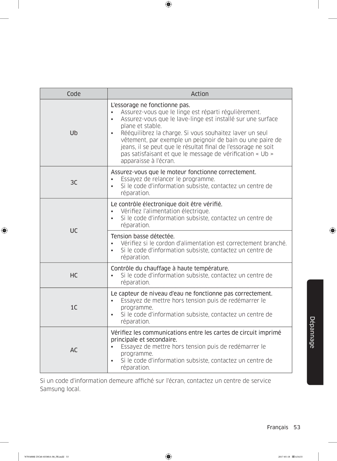 Samsung WW80J6410CW/EF, WW90J6410CW/EF manual Dépannage 